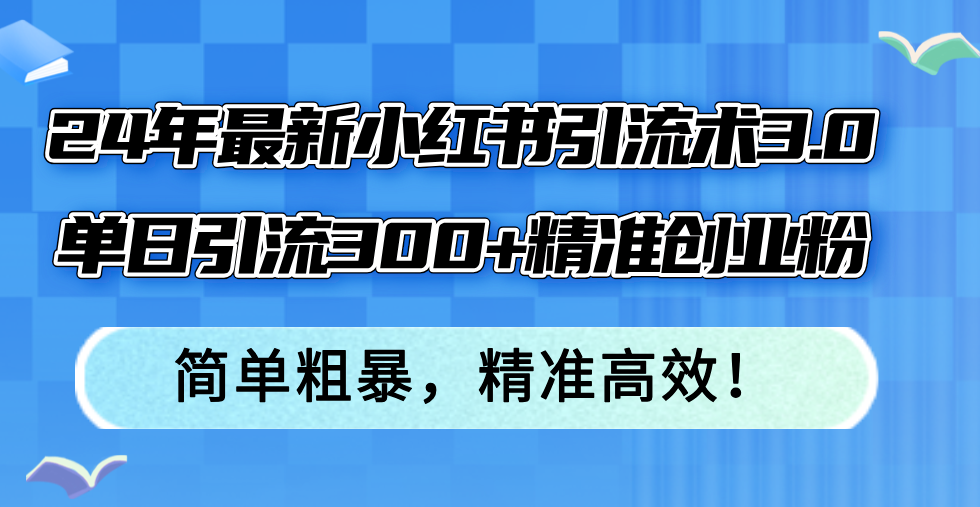 24年最新小红书引流术3.0，单日引流300+精准创业粉，简单粗暴，精准高效！-灼光资源宝库