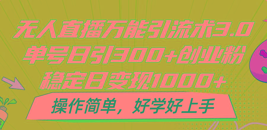 无人直播万能引流术3.0，单号日引300+创业粉，稳定日变现1000+，操作简单-灼光资源宝库