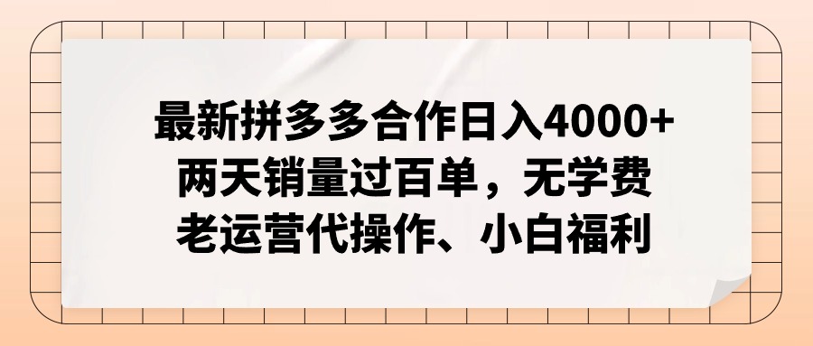 拼多多最新合作日入4000+两天销量过百单，无学费、老运营代操作、小白福利-灼光资源宝库