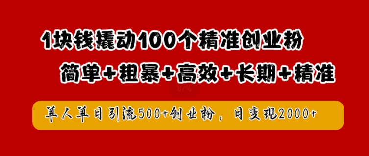 1块钱撬动100个精准创业粉，简单粗暴高效长期精准，单人单日引流500+创业粉，日变现2k【揭秘】-灼光资源宝库
