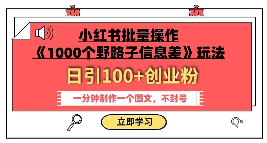 小红书批量操作《1000个野路子信息差》玩法，一分钟制作一个图文，不封号，日引100+创业粉-蘑菇资源宝库