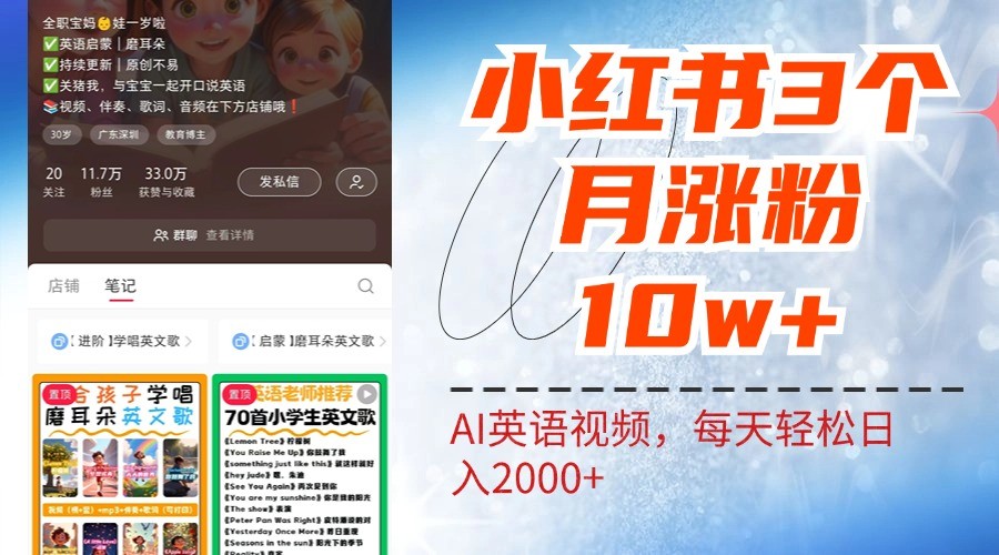 小红书三个月涨粉10W，AI英语视频0成本制作，每天轻松日入2000+-灼光资源宝库