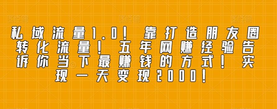 私域流量1.0!靠打造朋友圈转化流量!五年网赚经验告诉你当下最赚钱的方式!实现一天变现2000!