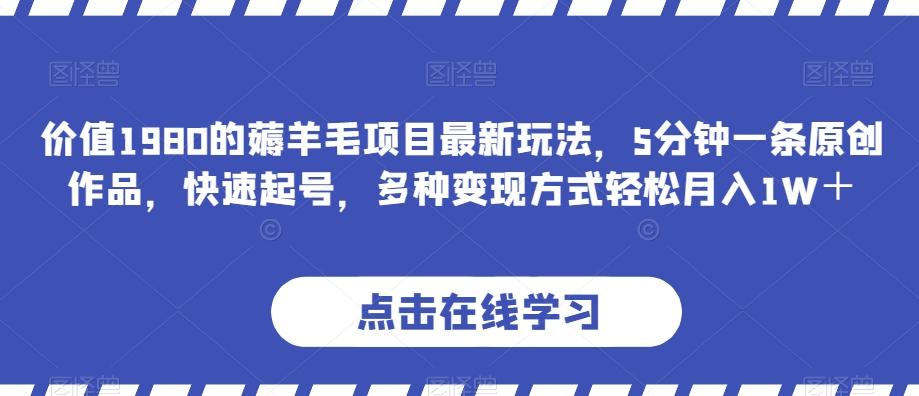 价值1980的薅羊毛项目最新玩法，5分钟一条原创作品，快速起号，多种变现方式轻松月入1W＋【揭秘】-灼光资源宝库