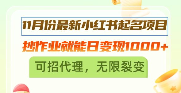 11月份最新小红书起名项目，抄作业就能日变现1000+，可招代理，无限裂变-灼光资源宝库