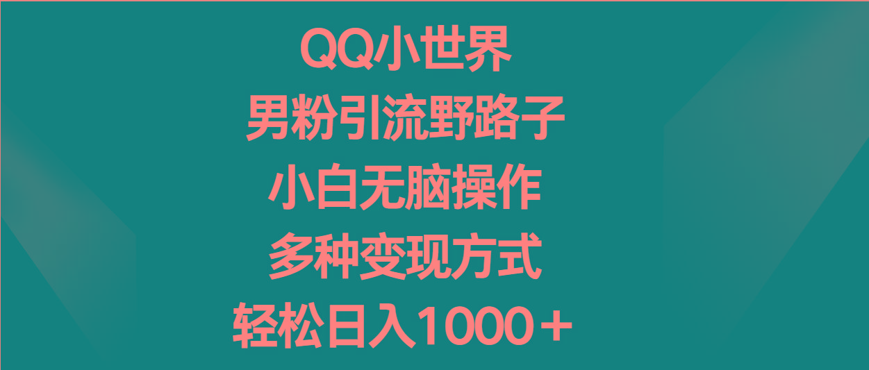 QQ小世界男粉引流野路子，小白无脑操作，多种变现方式轻松日入1000＋-灼光资源宝库