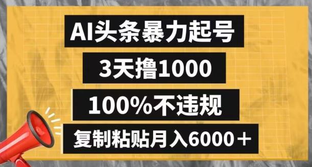 AI头条暴力起号，3天撸1000,100%不违规，复制粘贴月入6000＋【揭秘】-灼光资源宝库