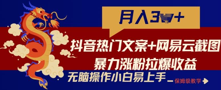 抖音热门文案+网易云截图暴力涨粉拉爆收益玩法，小白无脑操作，简单易上手【揭秘】-灼光资源宝库