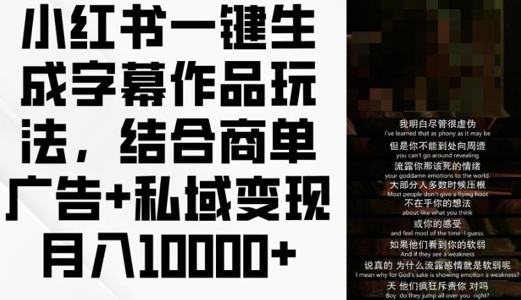 小红书一键生成字幕作品玩法，结合商单广告+私域变现月入1w+【揭秘】-灼光资源宝库
