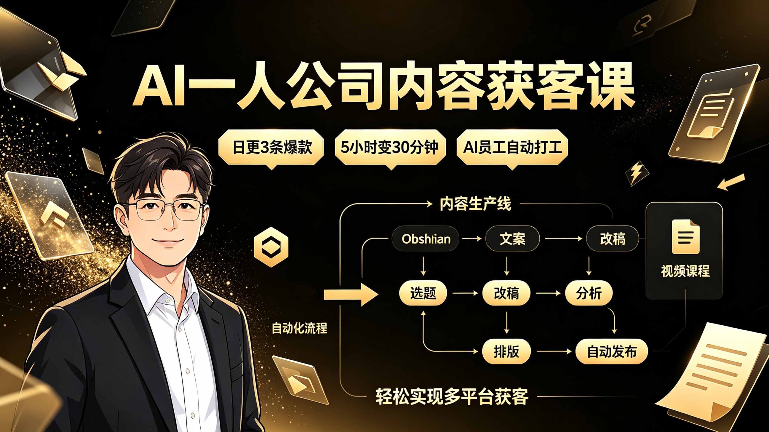 AI一人公司内容获客课：日更3条爆款×5小时变30分钟×AI员工自动打工，轻松实现多平台获客-灼光资源宝库