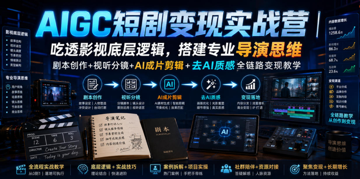 AIGC短剧变现实战营|吃透影视底层逻辑,搭建专业导演思维,剧本创作+视听分镜+AI成片剪辑+去AI质感全链路变现教学-灼光资源宝库