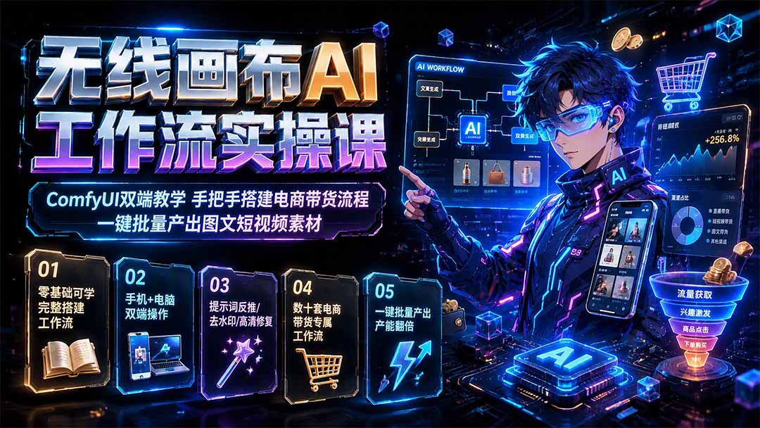 无线画布AI工作流实操课|ComfyUI双端教学,手把手搭建电商带货流程,一键批量产出图文短视频素材-灼光资源宝库