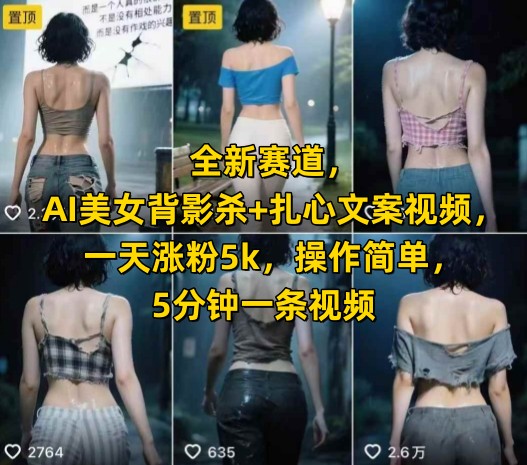 全新赛道，AI美女背影杀+扎心文案视频，一天涨粉5k，操作简单，5分钟一条视频-灼光资源宝库