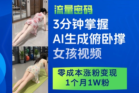 3分钟掌握AI生成俯卧撑女孩视频，零成本涨粉变现，1个月1W粉-灼光资源宝库