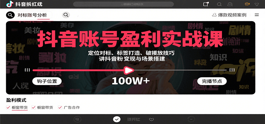 抖音账号盈利实战课，定位对标、标签打造、破播放技巧，讲涨粉变现与场景搭建-灼光资源宝库