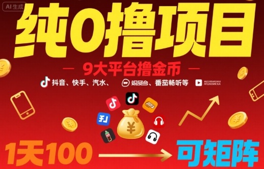 纯0撸项目，9大平台撸金币，抖音，快手，汽水，番茄畅听等，1天100，可矩阵-灼光资源宝库