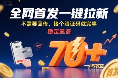 全网首发一键拉新项目，不需要回传，接个验证码就完事，稳定靠谱，一小时收益70+【揭秘】-灼光资源宝库