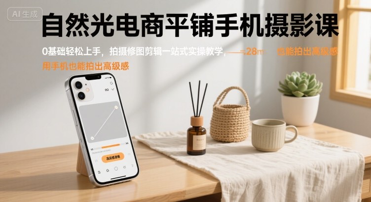 自然光电商平铺手机摄影课,0基础轻松上手,拍摄修图剪辑一站式实操教学,用手机也能拍出高级感-灼光资源宝库