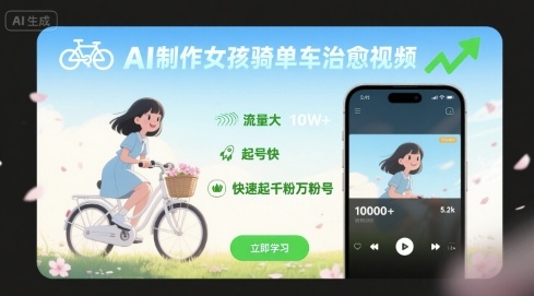 AI制作女孩骑单车治愈视频，流量大，起号快，快速起千粉万粉号-灼光资源宝库