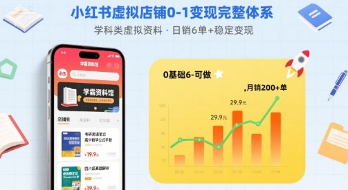 小红书虚拟店铺0-1变现完整体系：卖学科类虚拟资料，一天6张+，很稳定【已完结】-灼光资源宝库