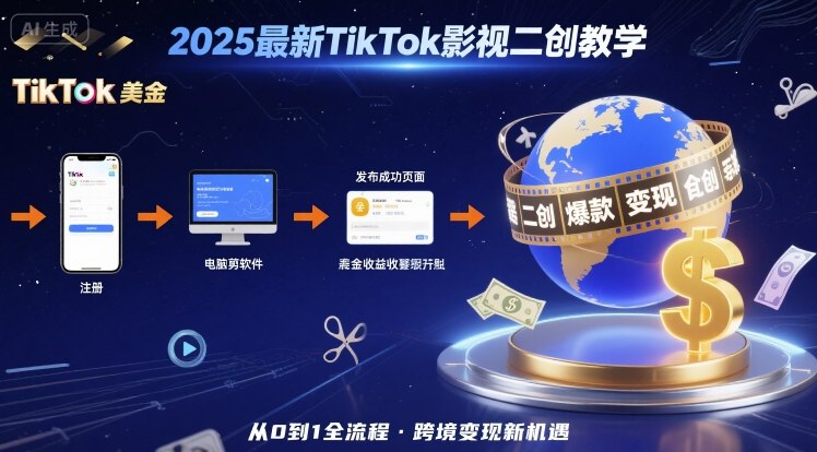 2025年最新TikTok影视二创教学，从注册到发布撸美金全流程，跨境变现新机遇-灼光资源宝库