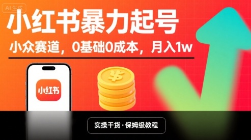小红书暴力起号，小众赛道，0基础0成本，月入1w-灼光资源宝库