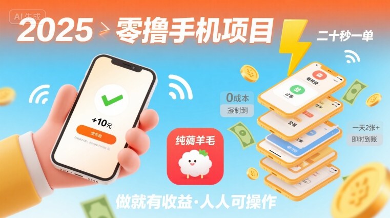 2025年零撸手机项目,二十秒一单,纯薅羊毛 一天2张+做就有-灼光资源宝库