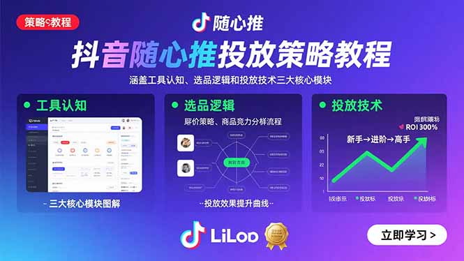 抖音随心推投放策略教程:涵盖工具认知、选品逻辑和投放技术三大核心模块-灼光资源宝库