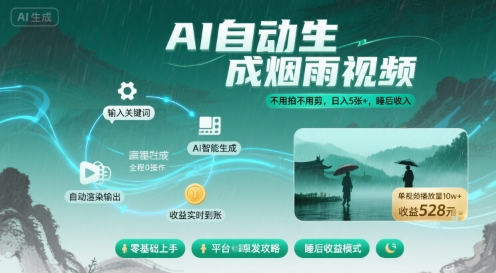 不用拍不用剪！AI自动生成烟雨视频，日入5张+，睡后收入-灼光资源宝库