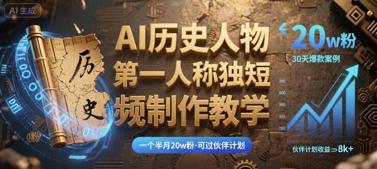 最新AI历史人物第一人称独白短视频制作教学,一个半月20w粉,可过伙伴计划-灼光资源宝库