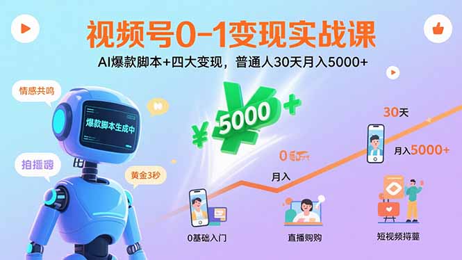 视频号0-1变现实战课：AI爆款脚本+四大变现，普通人30天月入5000+-灼光资源宝库