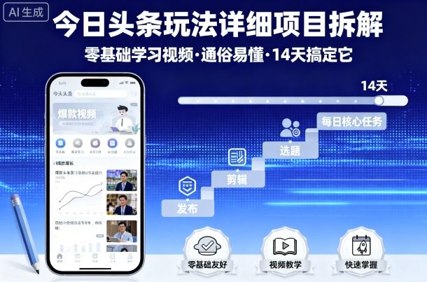 今日头条玩法详细项目拆解，零基础学习视频 通俗易懂 14天搞定它-灼光资源宝库