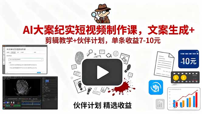 AI大案纪实短视频制作课,文案生成+剪辑教学+伙伴计划,单条收益7-10元-灼光资源宝库