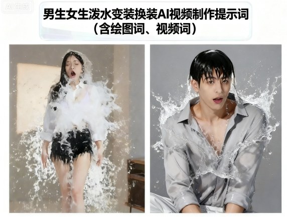 男生女生泼水变装换装AI视频制作提示词(含绘图词、视频词)-灼光资源宝库