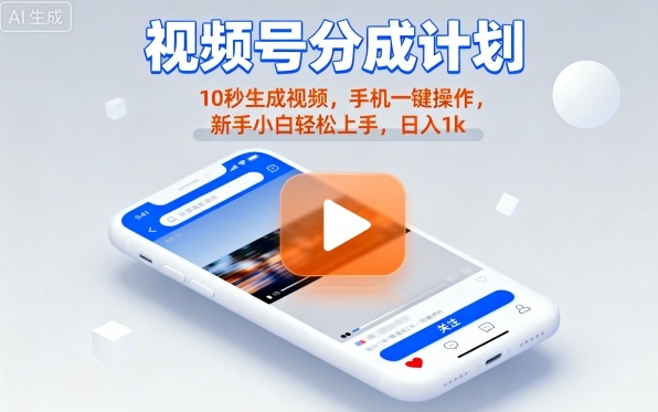 视频号分成计划懒人玩法,10秒生成视频,手机一键操作,新手小白轻松上手,日入1K【揭秘】-灼光资源宝库