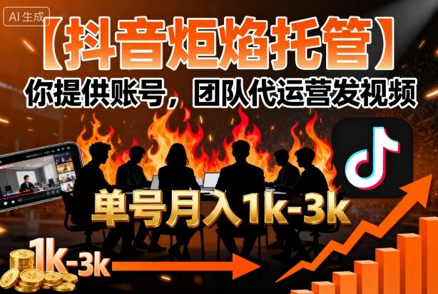【抖音炬焰托管】你提供账号，团队代运营发视频，单号月入1k+【揭秘】-灼光资源宝库