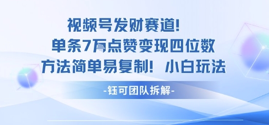 视频号发财赛道单条7W点赞变现四位数方法简单易复制小白玩法-灼光资源宝库