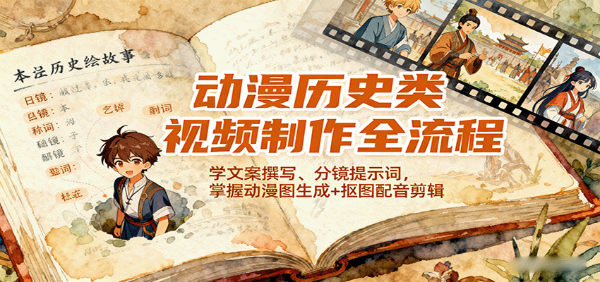 动漫历史类视频制作全流程，学文案撰写、分镜提示词，掌握动漫图生成+抠图配音剪辑-灼光资源宝库