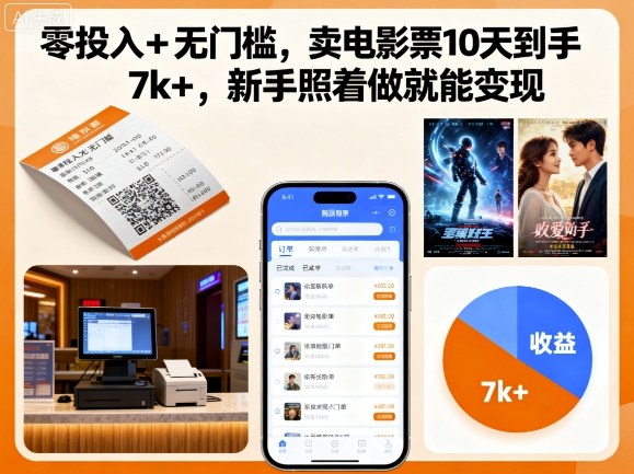 零投入+无门槛，卖电影票10天到手7k+，新手照着做就能变现【揭秘】-灼光资源宝库