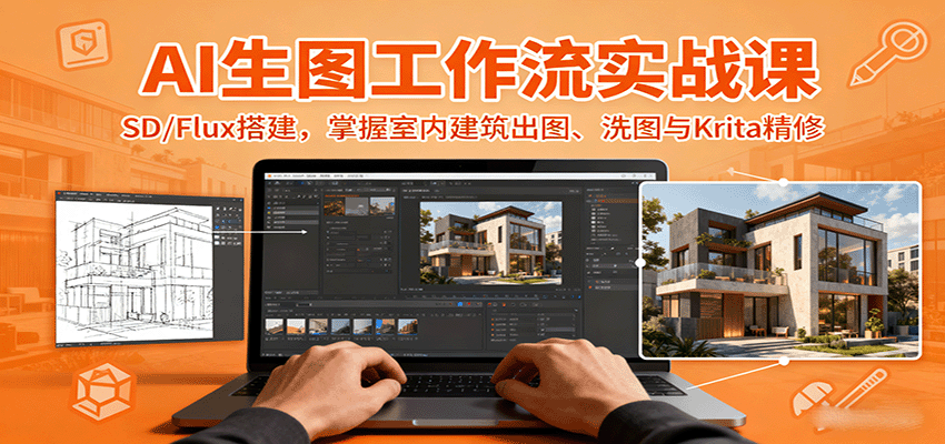 AI生图工作流实战课:SD/Flux搭建,掌握室内建筑出图、洗图与Krita精修-灼光资源宝库