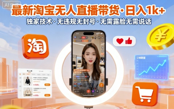 最新淘宝无人直播带货，日入1k+，独家技术，无违规无封号，无需露脸无需说话【揭秘】-灼光资源宝库