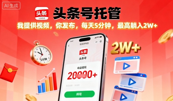 【头条号托管】我提供视频，你发布，每天5分钟，最高躺入2W+【揭秘】-灼光资源宝库