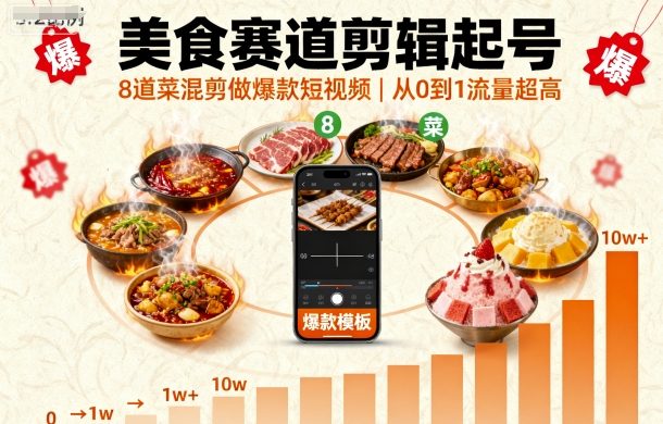 美食赛道剪辑起号，8道菜混剪做爆款短视频，从0到1，流量超高-灼光资源宝库