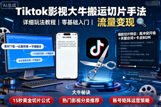 Tiktok影视大牛搬运切片手法，详细玩法教程-灼光资源宝库