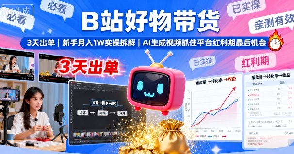 B站好物带货，3天出单，新手月入1W实操拆解，AI生成视频，抓住平台红利期最后机会-灼光资源宝库