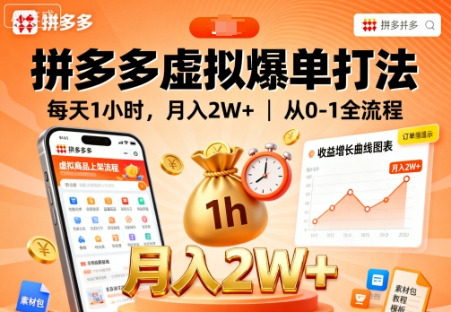 拼多多虚拟爆单打法,每天1小时,月入2W+,从0-1全流程-灼光资源宝库
