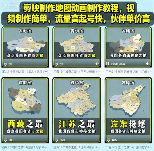 剪映制作地图动画制作教程，视频制作简单，流量高起号快，伙伴单价高-灼光资源宝库