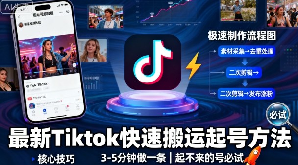 最新Tiktok快速搬运快速起号方法，3-5分钟做一条，起不来的号可以试试-灼光资源宝库