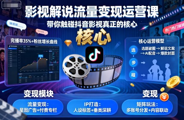 影视解说流量变现运营课，带你触碰抖音影视真正的核心-灼光资源宝库