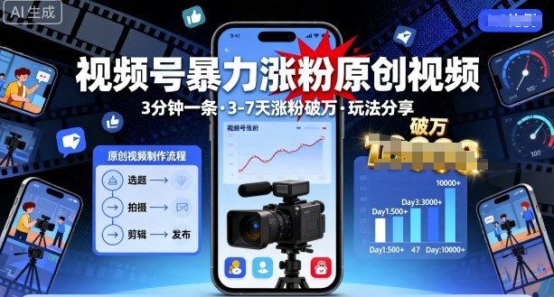 视频号暴力涨粉原创视频，3分钟一条原创视频，3-7天涨粉破万，玩法分享给你-灼光资源宝库